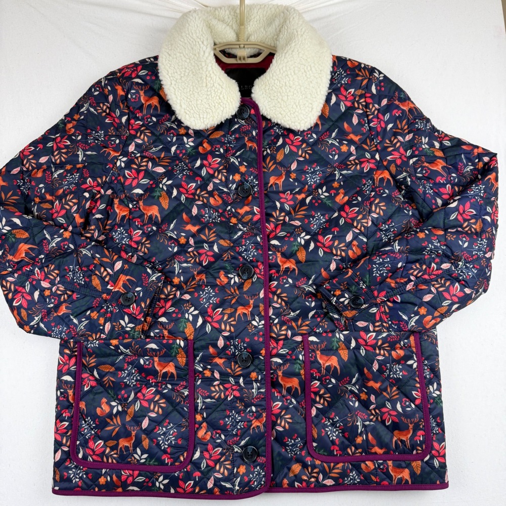 Talbots Woodland Print Quilted Barn Jacket Navy Blue Deer Fox Primaloft Medium